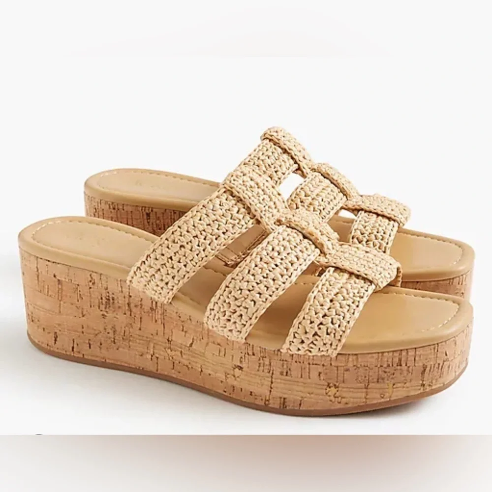 J. Crew woven caged platform wedges. Toasted natural raffia. Size 9. New, in box